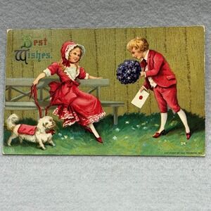Best Wishes Boy with Flowers & Letter Courting Girl Max Feinberg 1911 POSTCARD